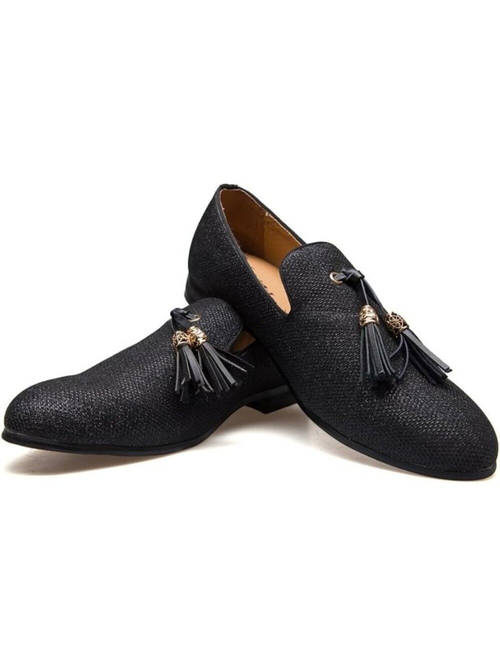 JITAI Men's Black06 Velvet Tassel Loafers Embroidery Slip On Block Heel Shoes
